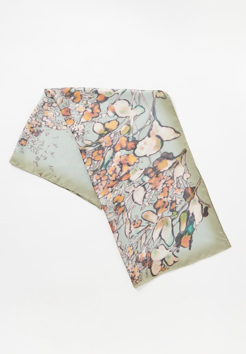 Dries Van Noten Silk Abstract Floral Fita Scarf in Light Grey & Celadon	