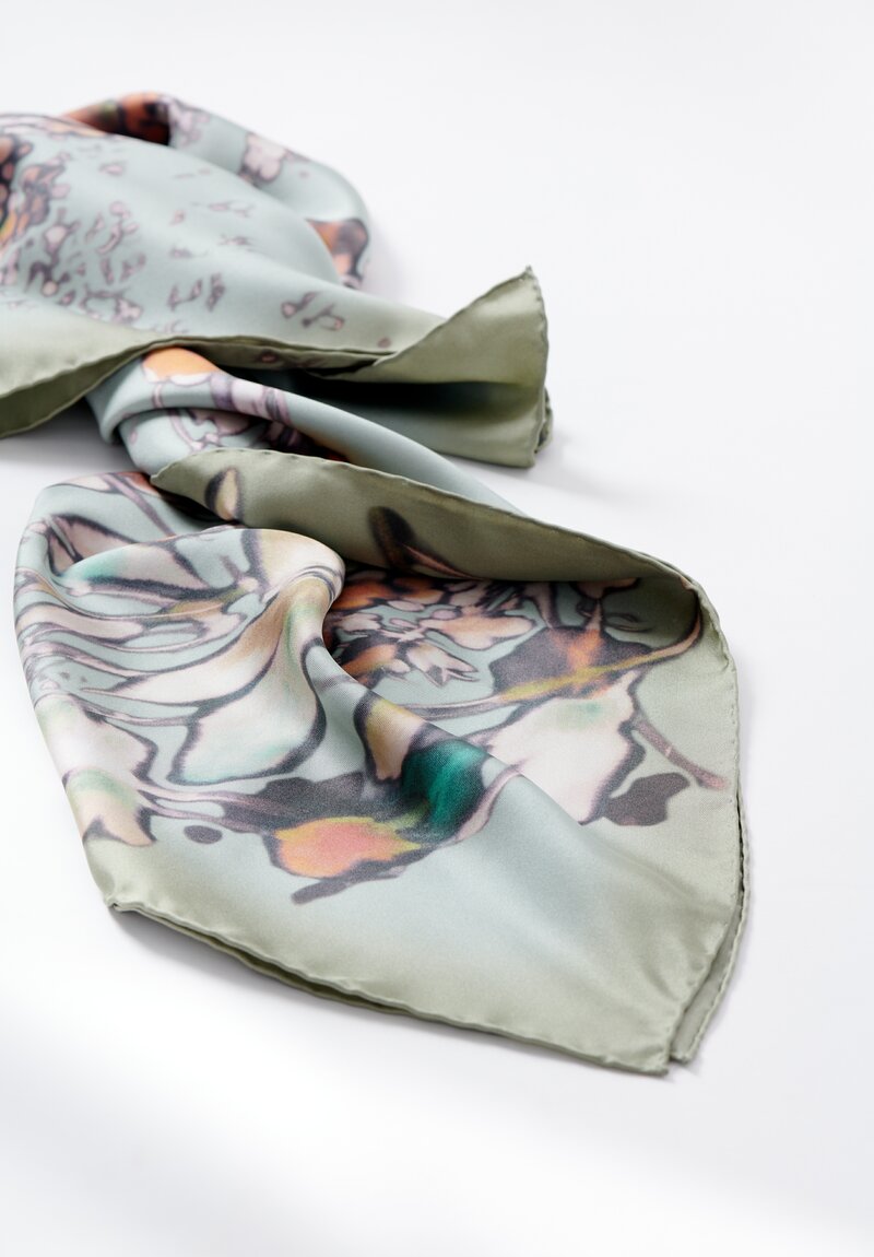 Dries Van Noten Silk Abstract Floral Fita Scarf in Light Grey & Celadon	