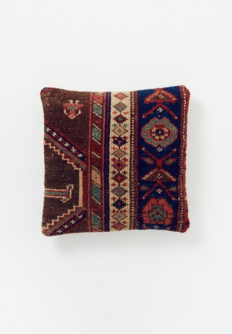 Vintage Handloomed Turkish Square Rug Pillow in Blue & Brown I	
