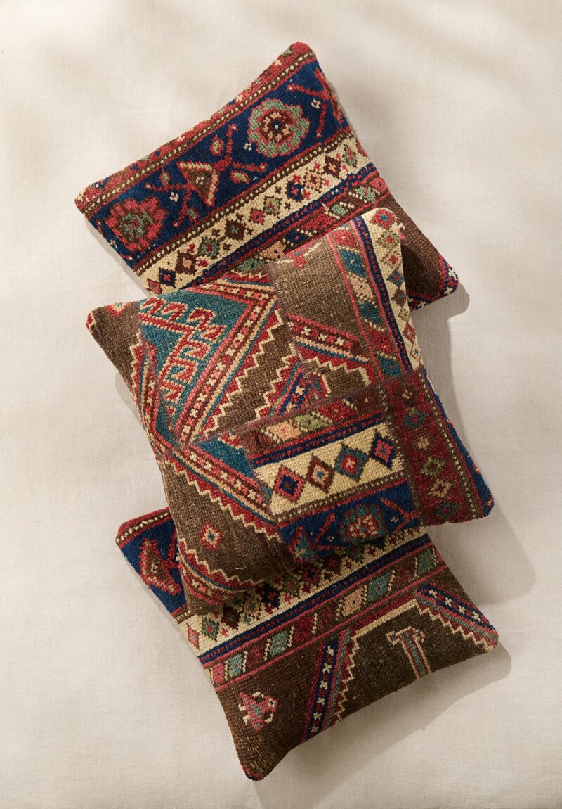 Vintage Handloomed Turkish Square Rug Pillow in Blue & Brown I	