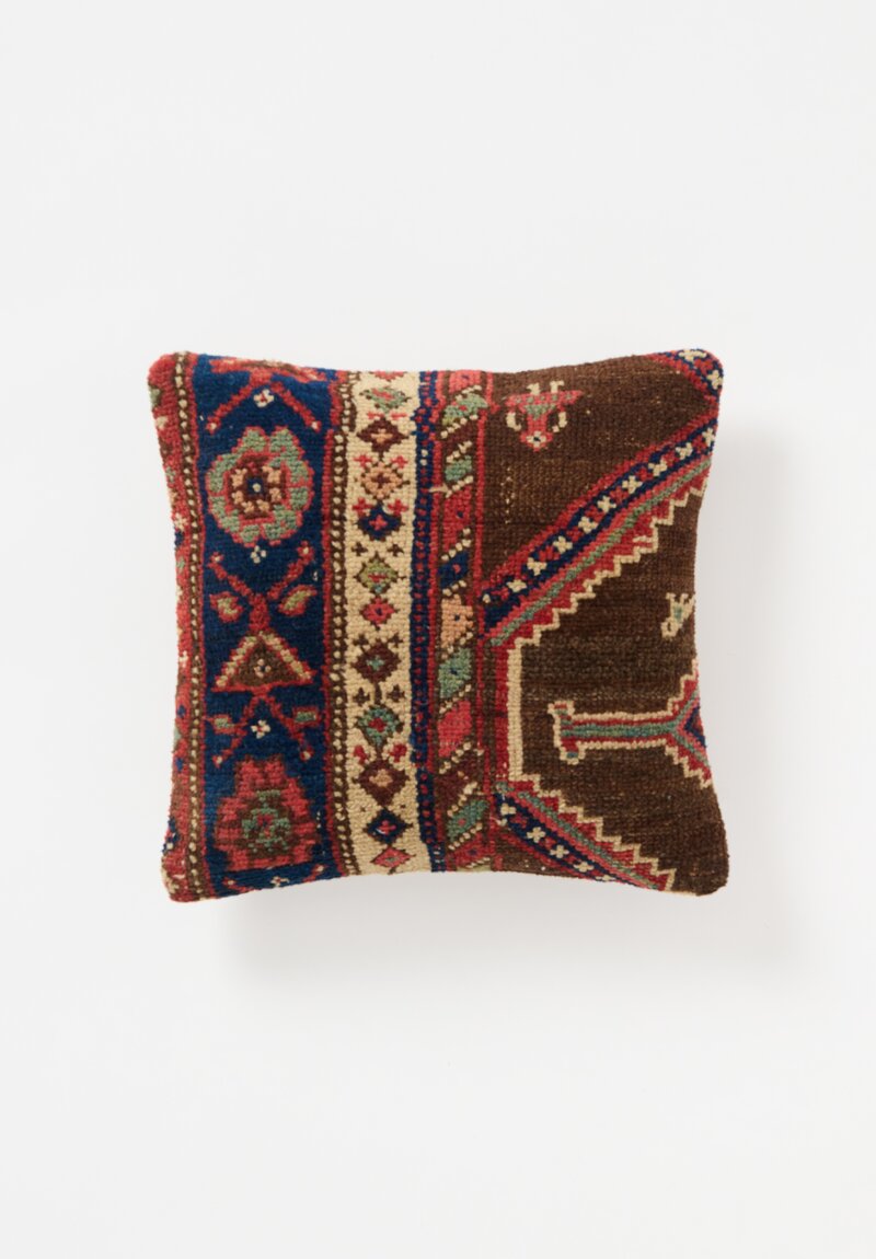 Vintage Handloomed Turkish Square Rug Pillow in Blue & Brown II