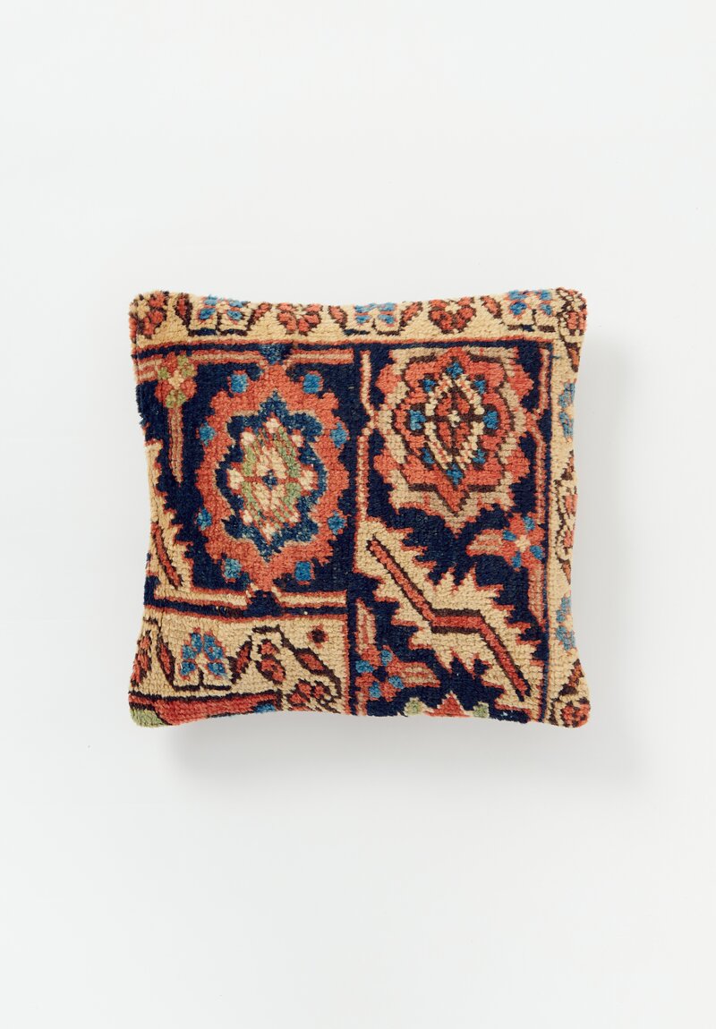 Vintage Handloomed Turkish Square Rug Pillow in Blue & Orange	