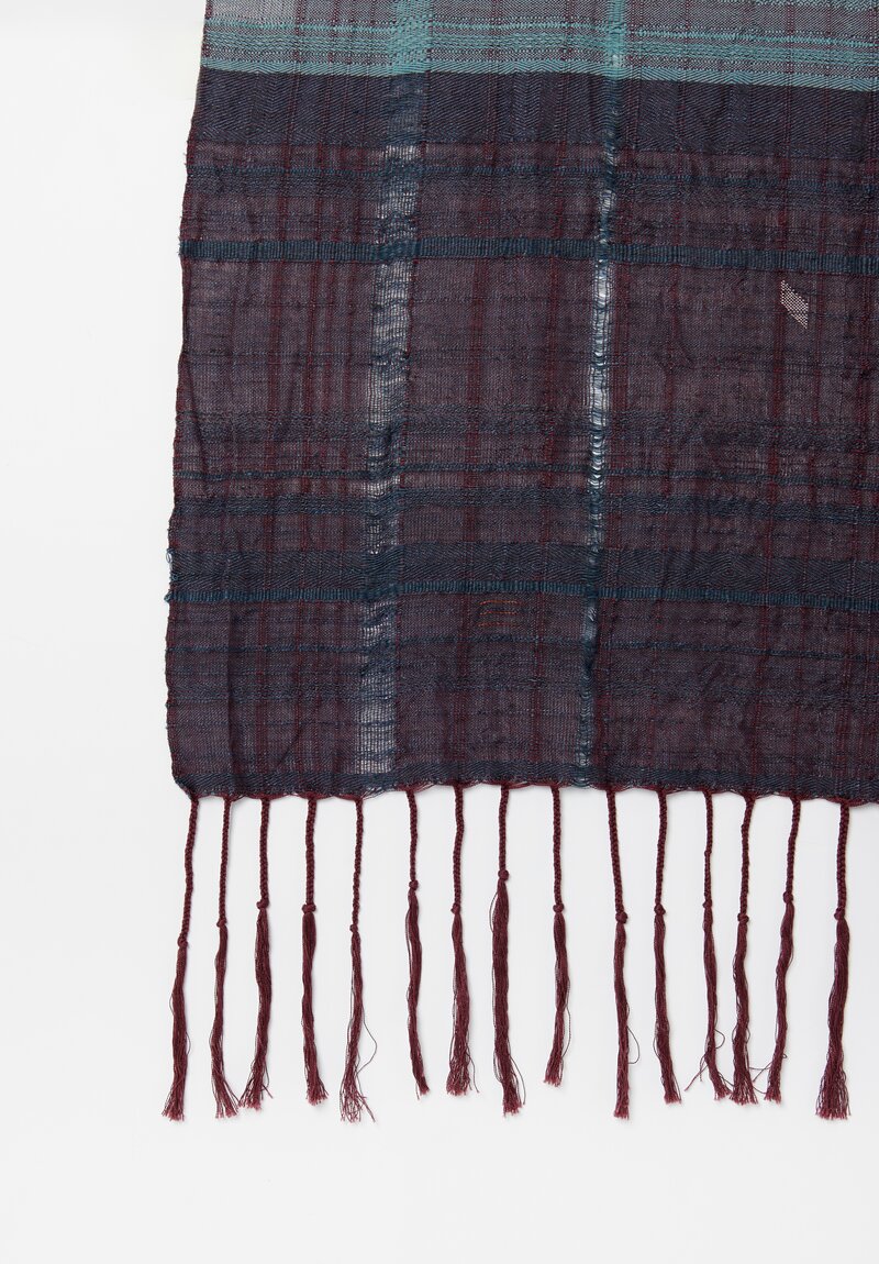 Christopher Duncan Cotton and Linen Handwoven Elephant VII Shawl in Blue and Mulberry	