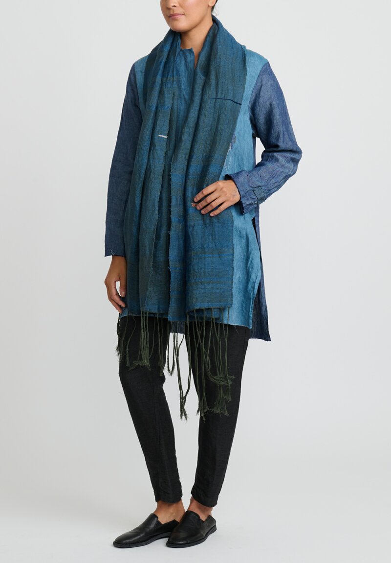Christopher Duncan Cotton & Linen Handwoven Temple IV Scarf Lake Blue, Green	