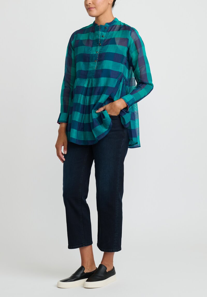 Péro Cotton Silk Woven Gingham Flared Top in Green & Blue	