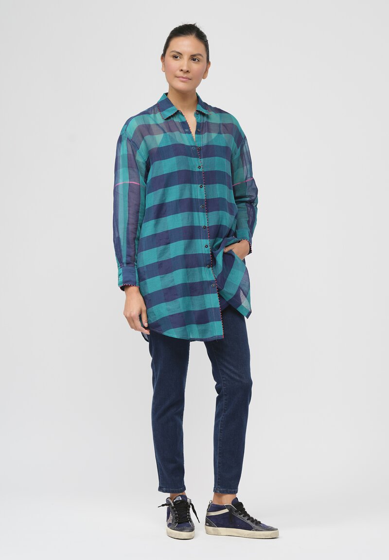 Péro Lightweight Wool Gingham Shirt in Green & Blue	