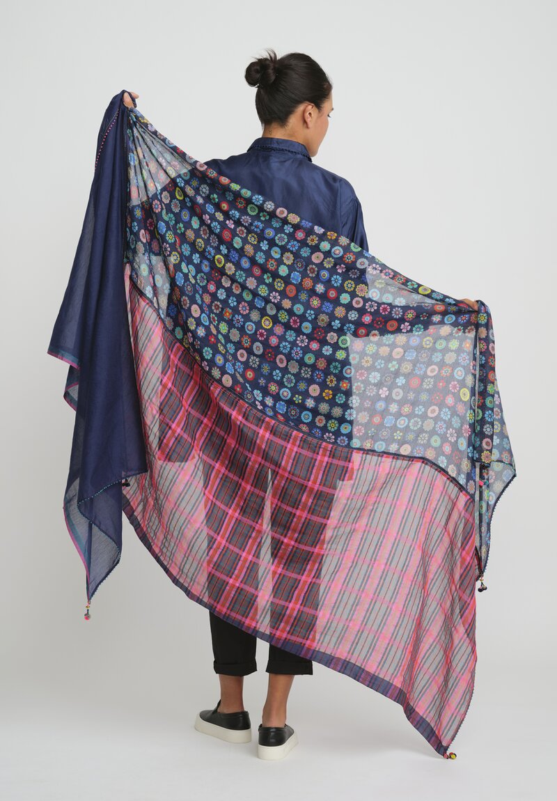 Péro Lungi Hand Dyed Cotton Silk Floral Scarf in Blue & Pink Multi	
