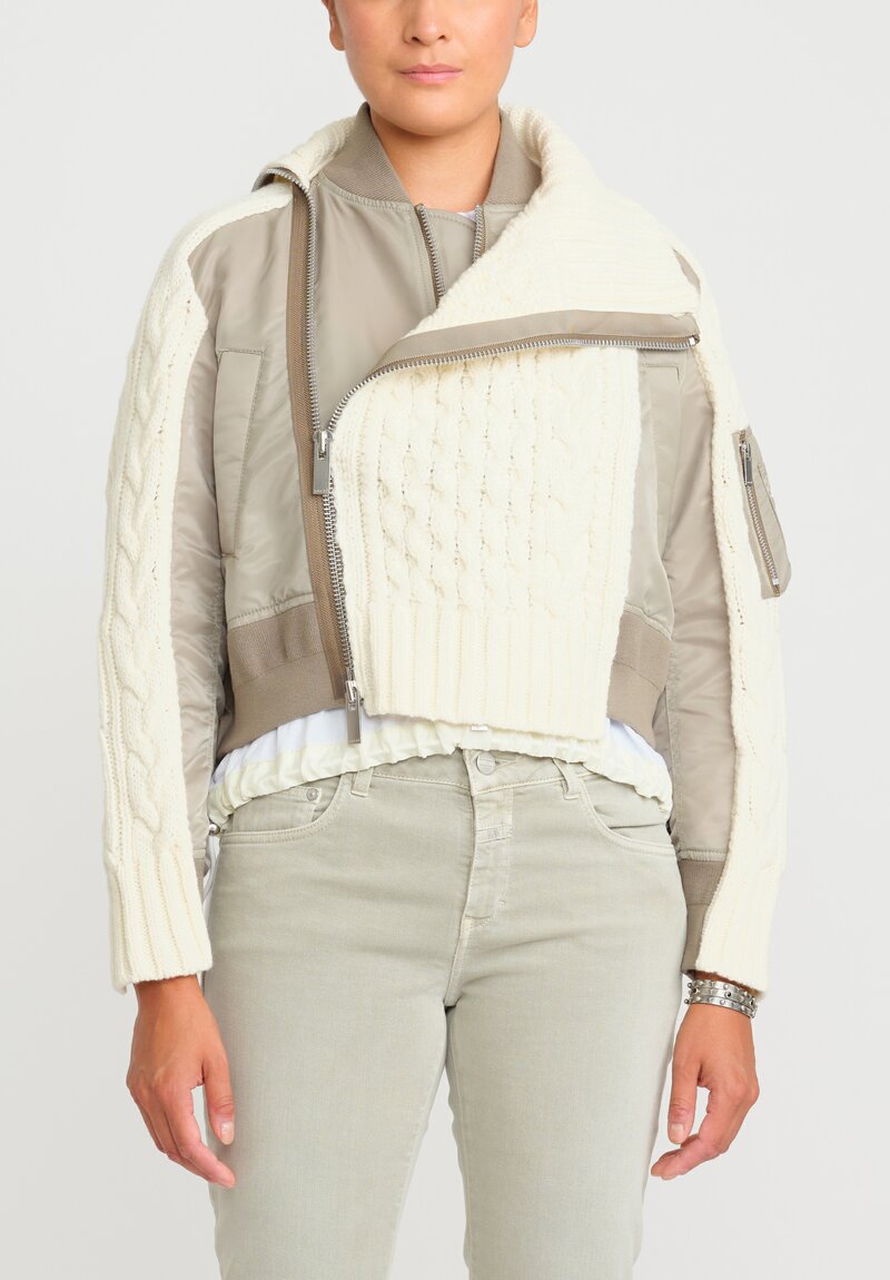 Sacai Nylon Twill Mix Knit Blouson Jacket in Off White & Khaki