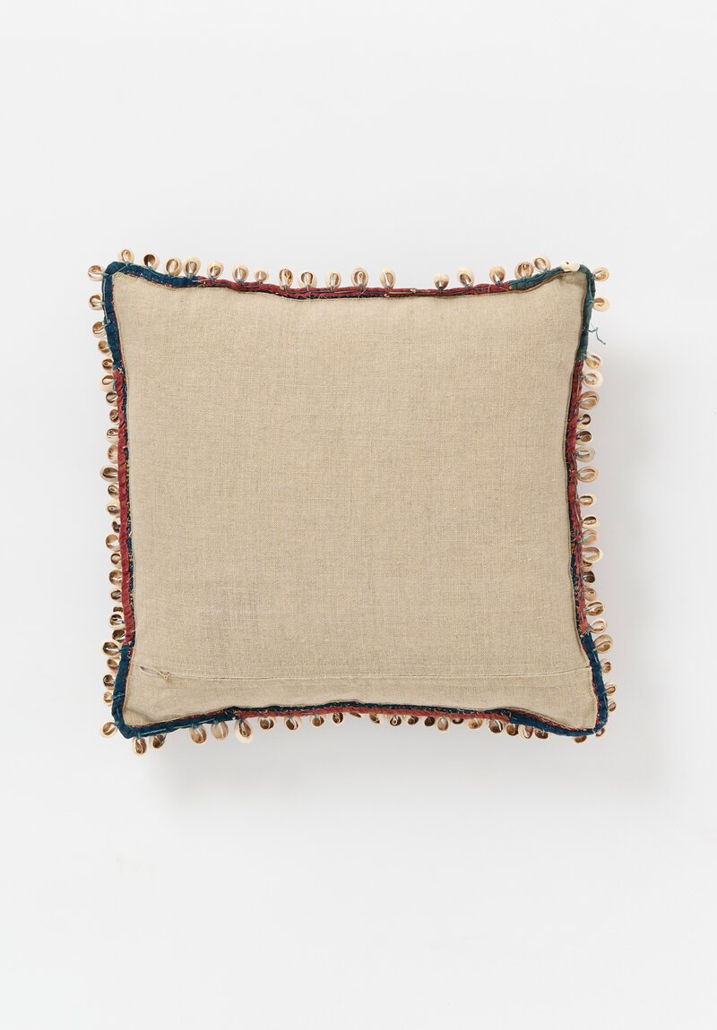 Vintage Banjara Textile Pillow with Cowrie Shells in Red & Blue Multi	