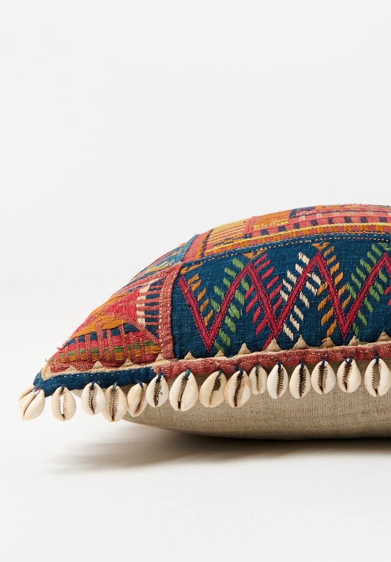 Vintage Banjara Textile Pillow with Cowrie Shells in Red & Blue Multi	