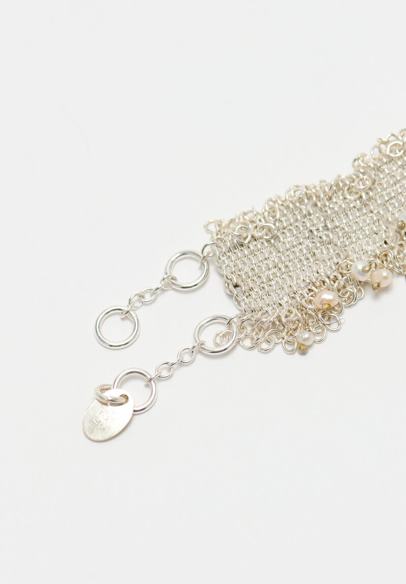 Stephanie Schneider 17 Handwoven Silver, Silk & Pearl Bracelet	