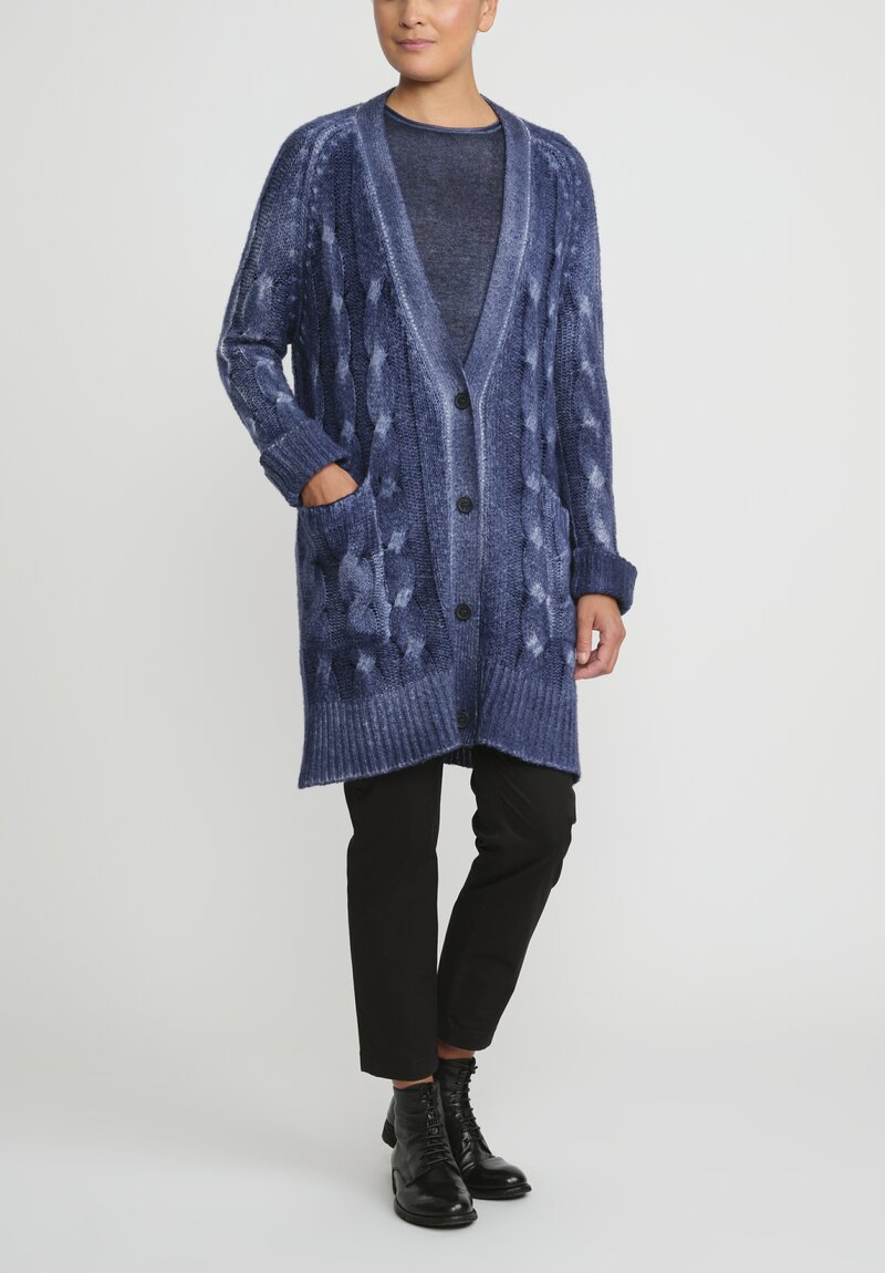 Avant Toi Hand-Painted Cashmere & Silk Cable Knit Cardigan in Midnight Blue