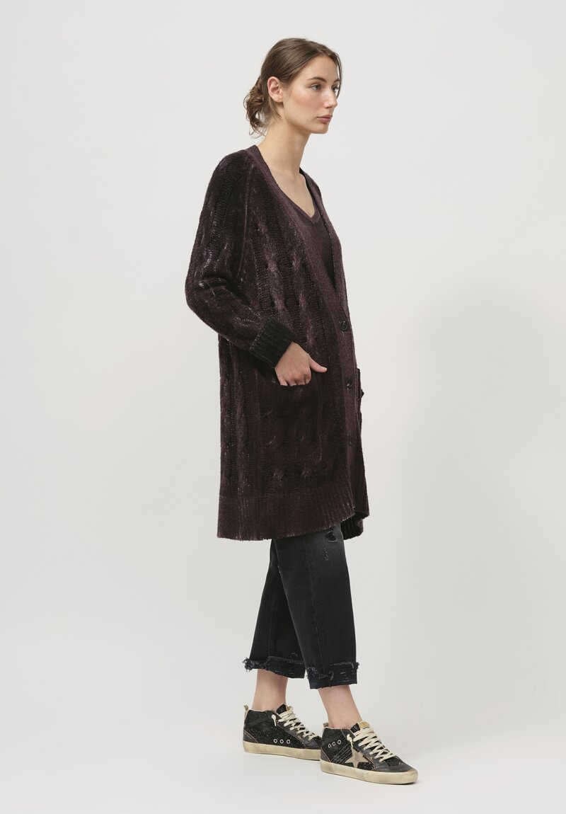 Avant Toi Hand-Painted Cashmere & Silk Cable Knit Cardigan in Seppia Purple	