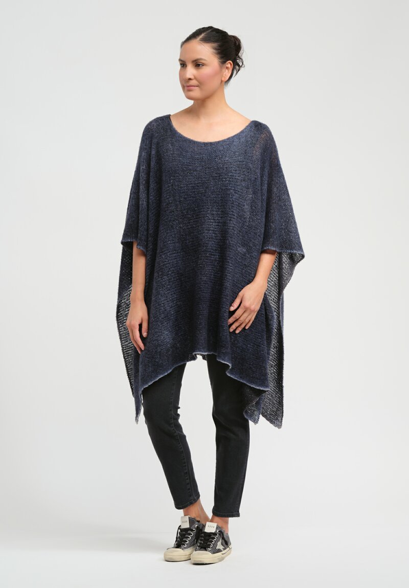 Avant Toi Hand-Painted Cashmere & Silk Loose Knit Poncho in Nero Midnight Blue	