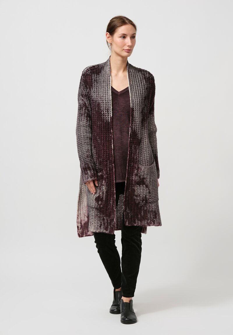 Avant Toi Hand-Painted Cashmere & Silk Square Knit Cardigan in Nero Seppia Purple	