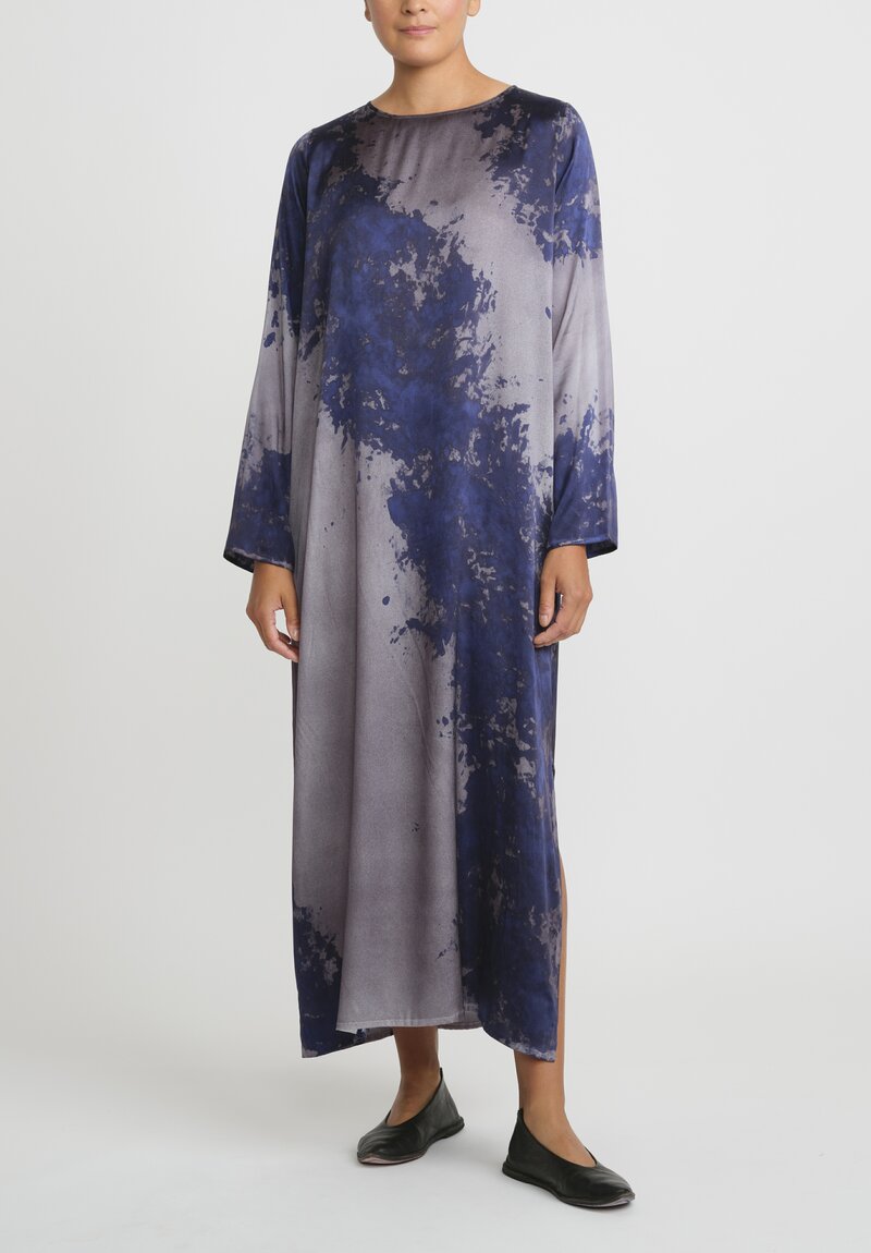 Avant Toi Hand Painted Silk Lunga Dress in Nero Midnight Blue	
