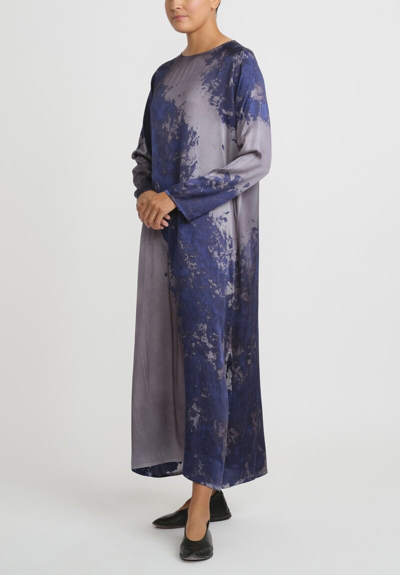 Avant Toi Hand Painted Silk Lunga Dress in Nero Midnight Blue	