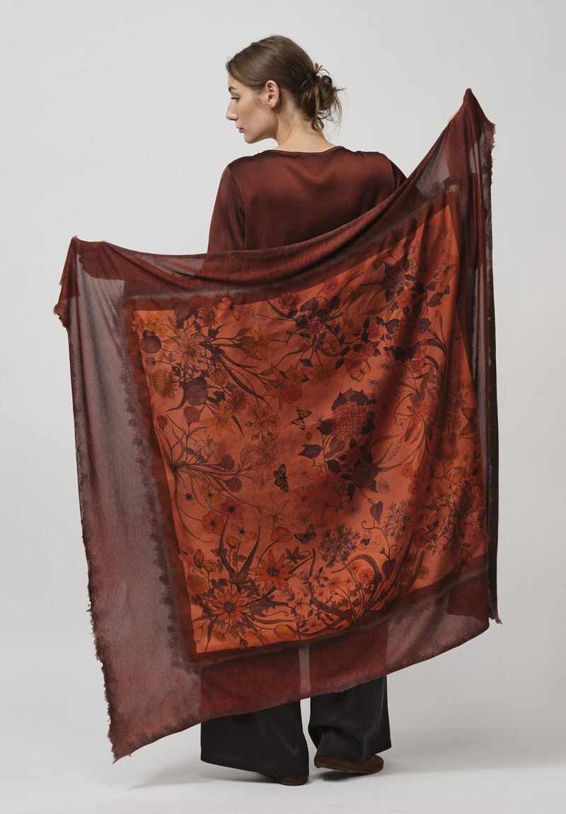 Avant Toi Cashmere & Silk Quadrello Dark Flowers Scarf in Nero Mandarancio Orange	