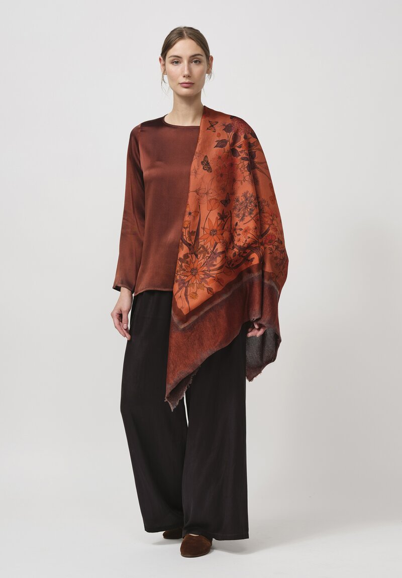 Avant Toi Cashmere & Silk Quadrello Dark Flowers Scarf in Nero Mandarancio Orange	