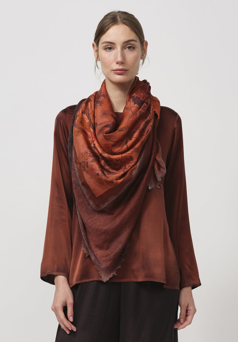 Avant Toi Cashmere & Silk Quadrello Dark Flowers Scarf in Nero Mandarancio Orange	