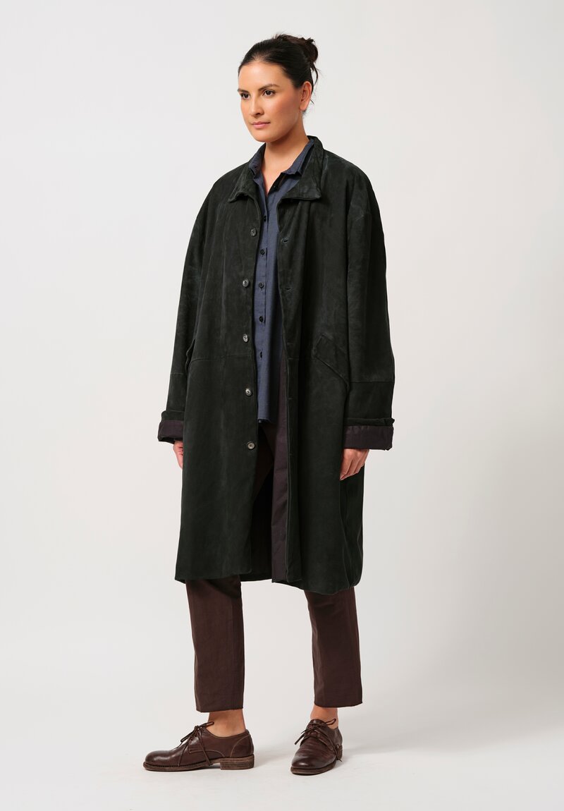 Bergfabel Suede Overcoat in Petrol Green	