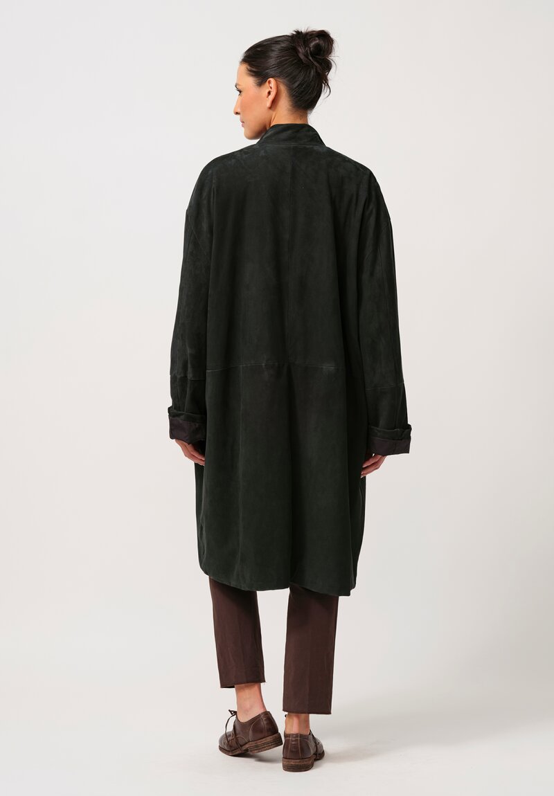 Bergfabel Suede Overcoat in Petrol Green	