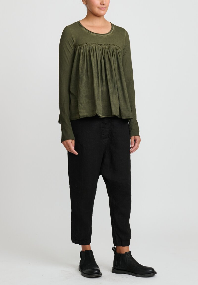 Rundholz Dip Cotton Gathered Long Sleeve T-Shirt in Olive Cloud Green