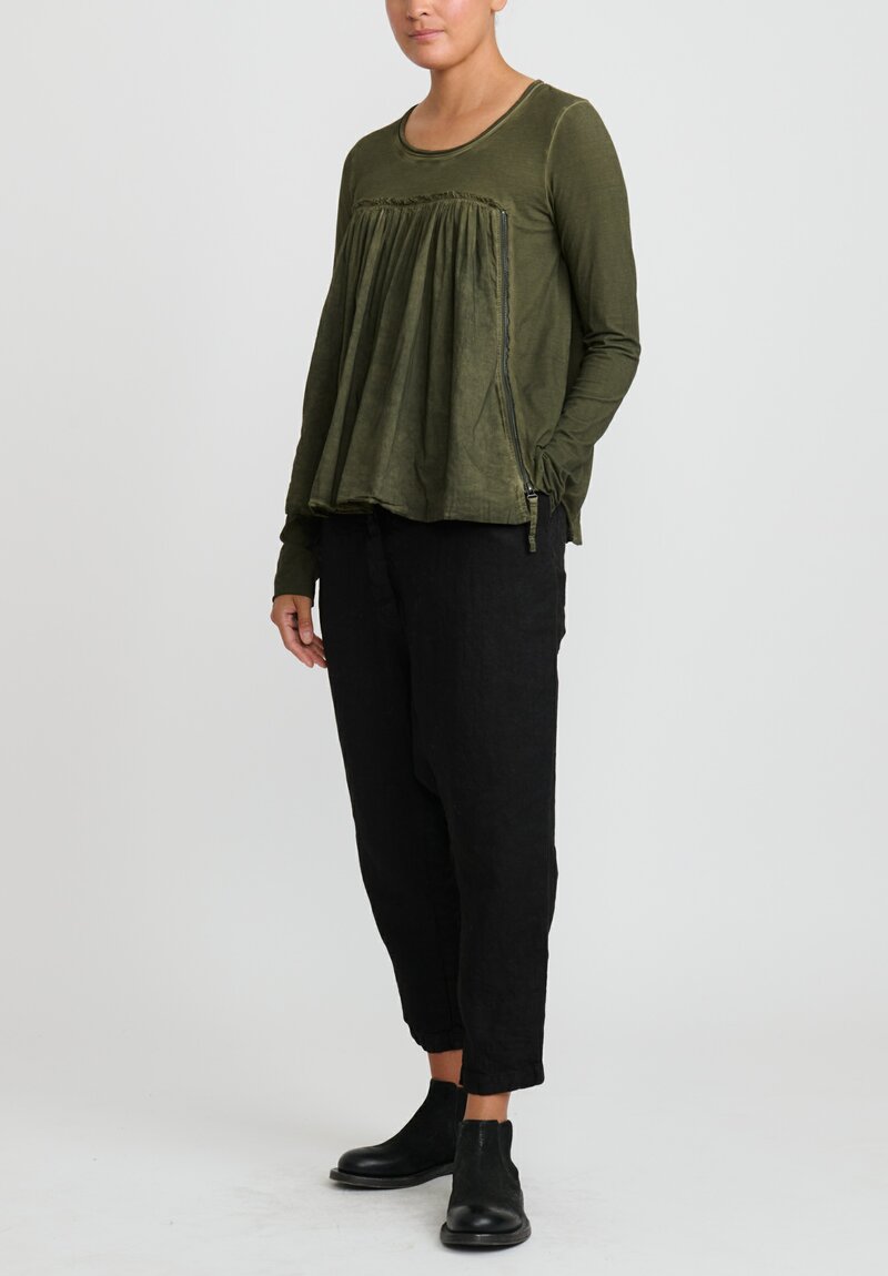 Rundholz Dip Cotton Gathered Long Sleeve T-Shirt in Olive Cloud Green