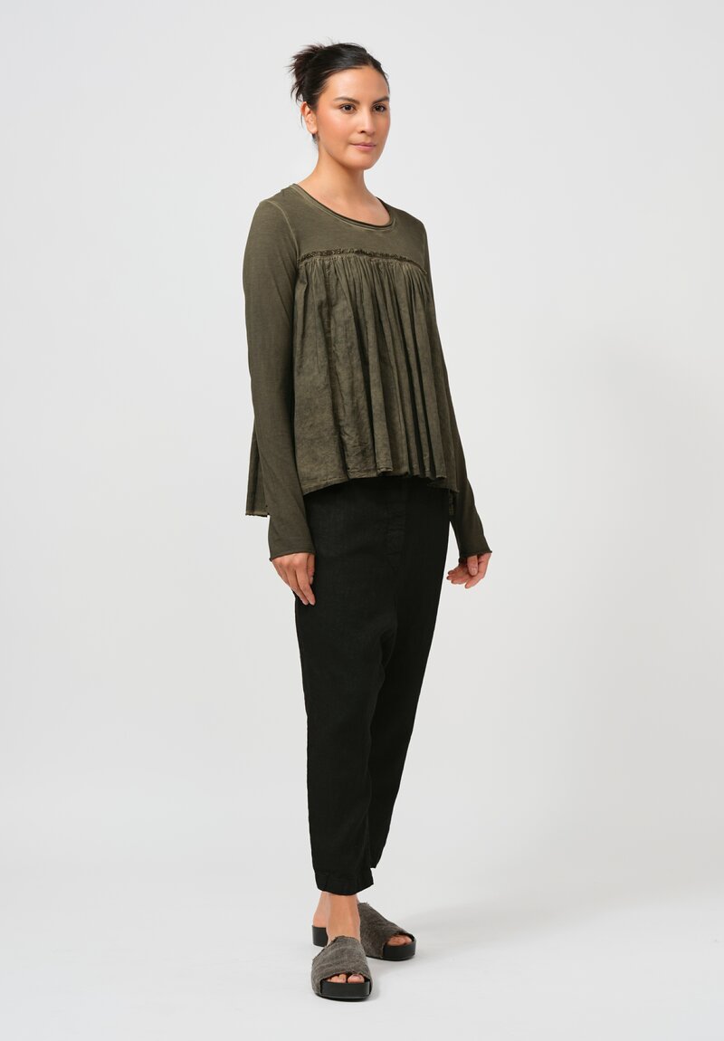 Rundholz Dip Cotton Gathered Long Sleeve T-Shirt in Olive Cloud Green	