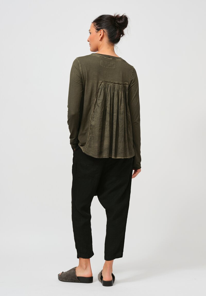 Rundholz Dip Cotton Gathered Long Sleeve T-Shirt in Olive Cloud Green	