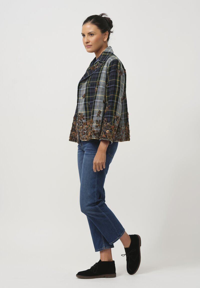 Pero Wool Embroidered Fall Flower Jacket with Couching in Blue Plaid