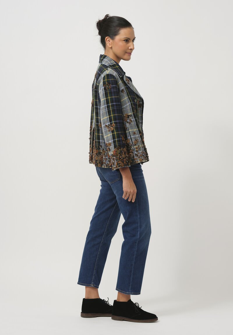 Pero Wool Embroidered Fall Flower Jacket with Couching in Blue Plaid