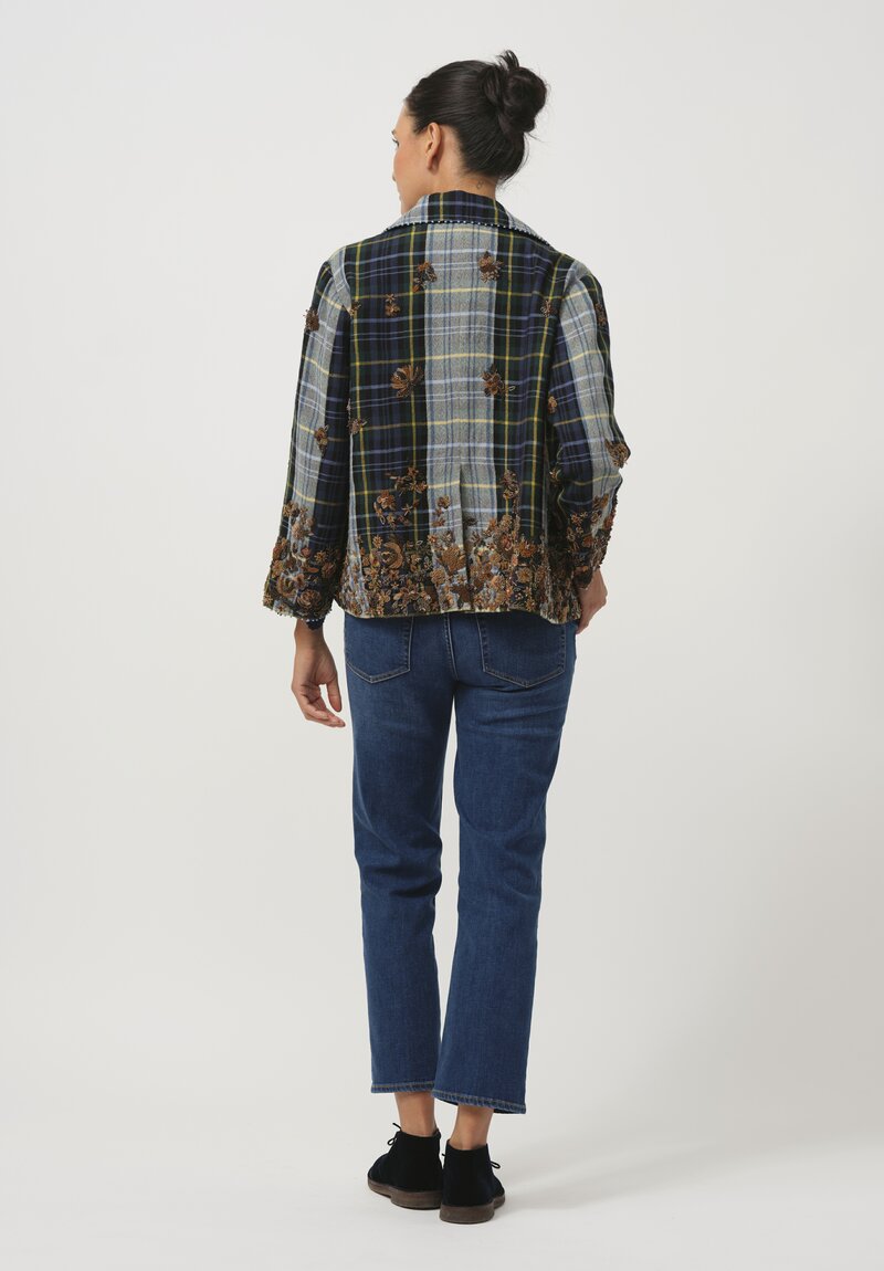 Pero Wool Embroidered Fall Flower Jacket with Couching in Blue Plaid