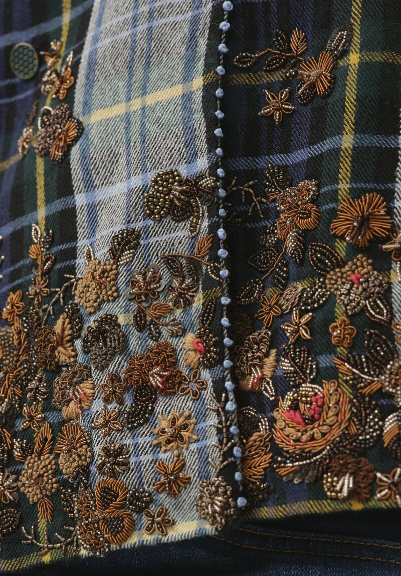 Pero Wool Embroidered Fall Flower Jacket with Couching in Blue Plaid