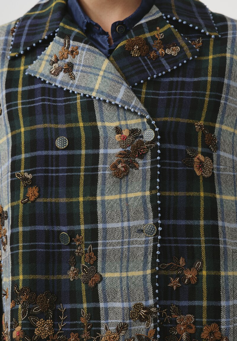 Pero Wool Embroidered Fall Flower Jacket with Couching in Blue Plaid