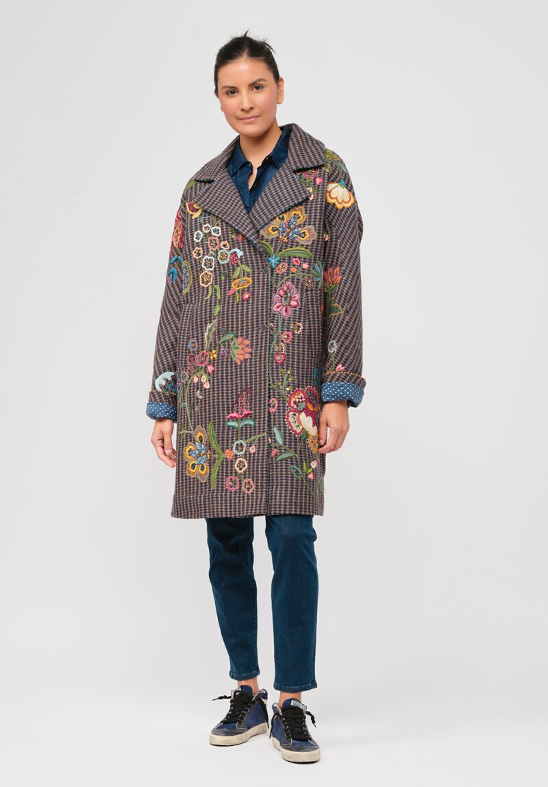 Péro Floral Embroidered Wool Double Breasted Coat in Brown Check	