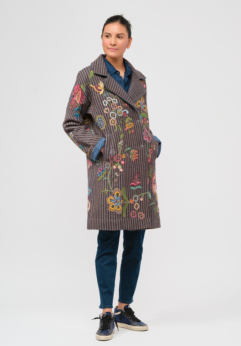 Péro Floral Embroidered Wool Double Breasted Coat in Brown Check	