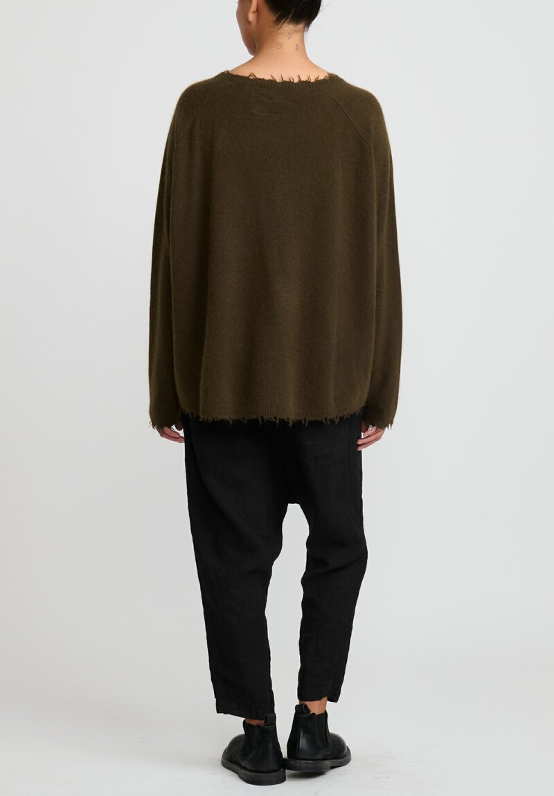 Rundholz Dip Wool and Raccoon Hair Distressed Sweater in Khaki Brown