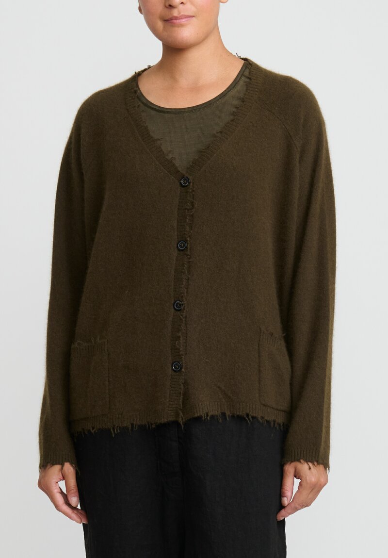 Rundholz Dip Merino Wool and Raccoon Hair V-Neck Cardigan in Khaki Brown