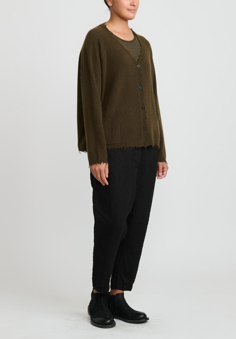 Rundholz Dip Merino Wool and Raccoon Hair V-Neck Cardigan in Khaki Brown