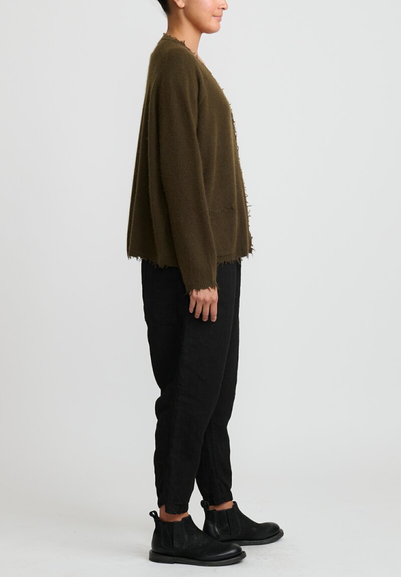 Rundholz Dip Merino Wool and Raccoon Hair V-Neck Cardigan in Khaki Brown