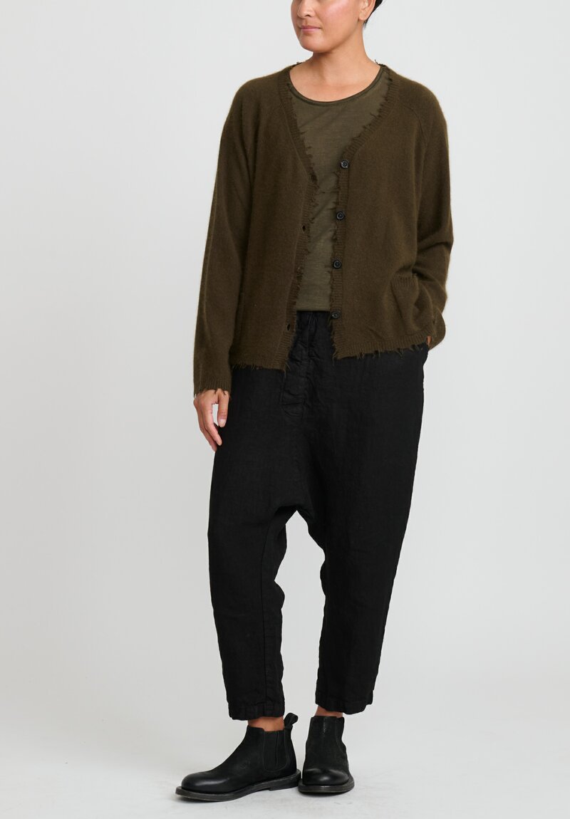 Rundholz Dip Merino Wool and Raccoon Hair V-Neck Cardigan in Khaki Brown