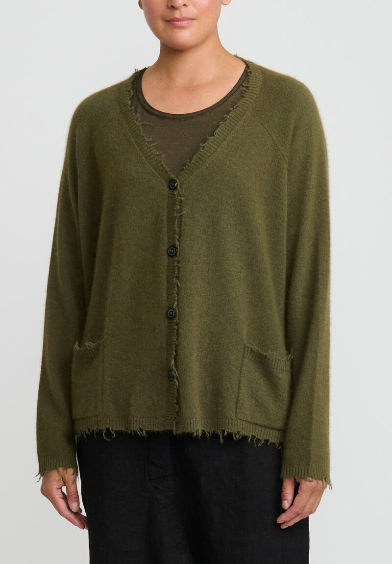 Rundholz Dip Merino Wool and Raccoon Hair V-Neck Cardigan in Olive Green