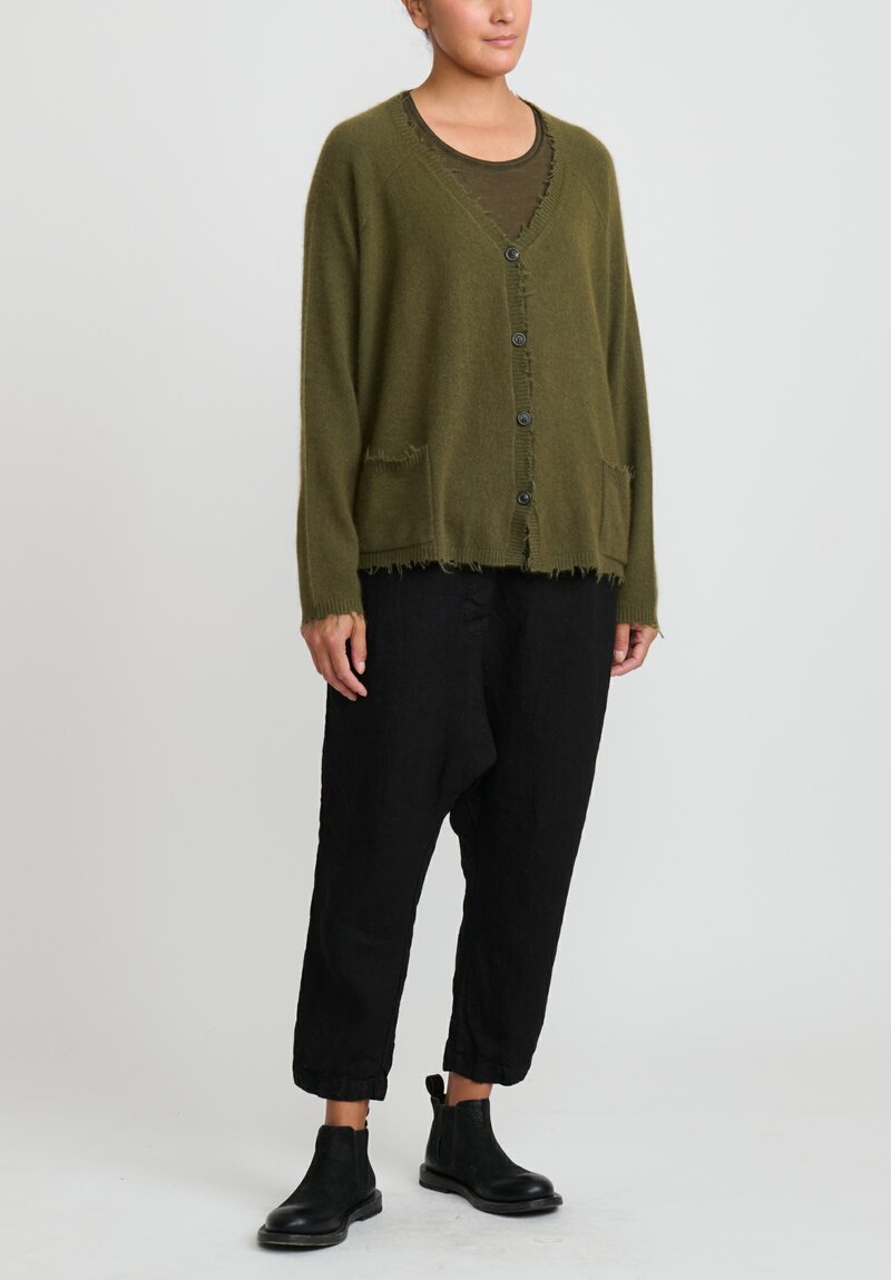 Rundholz Dip Merino Wool and Raccoon Hair V-Neck Cardigan in Olive Green