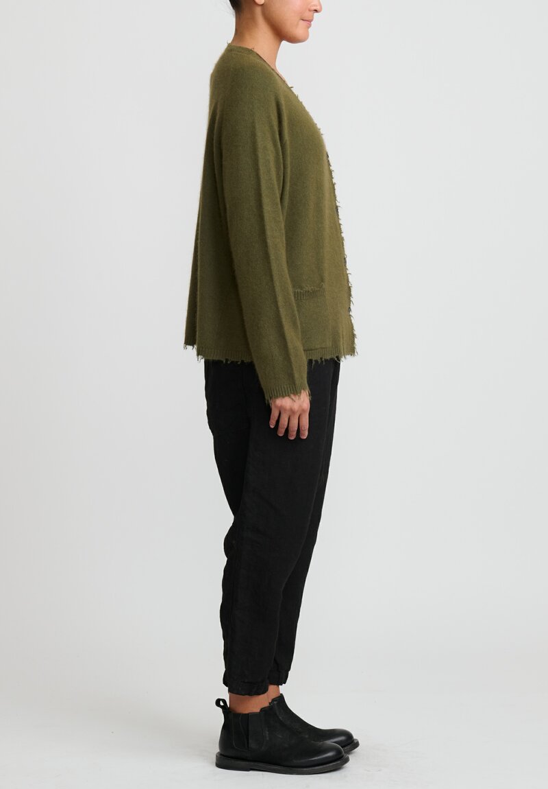 Rundholz Dip Merino Wool and Raccoon Hair V-Neck Cardigan in Olive Green