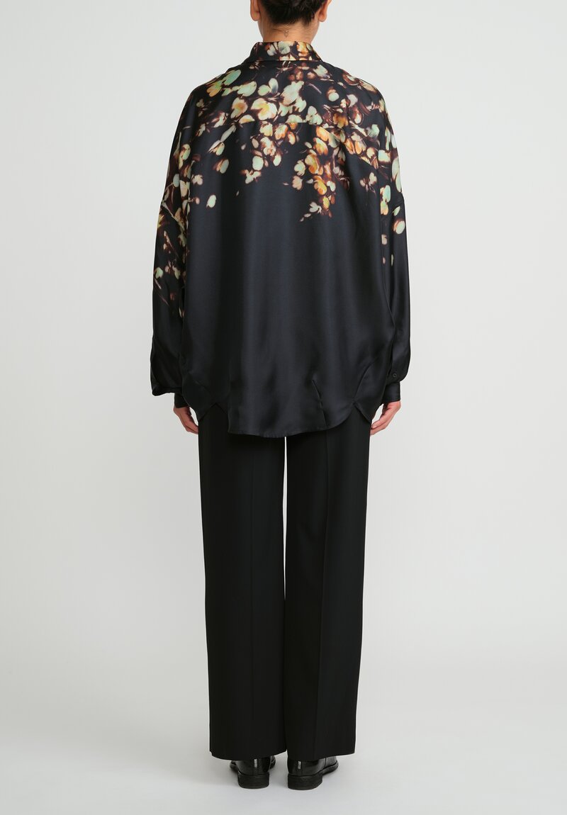 Dries Van Noten Silk Bleached Floral Casia Shirt in Petrol Black