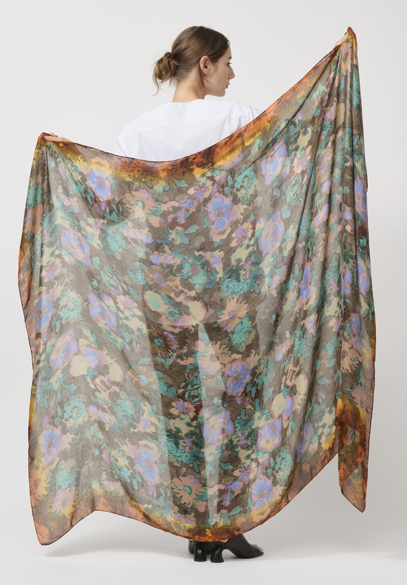 Dries Van Noten Abstract Fern Floral Scarf in Turquoise Blue Multi	