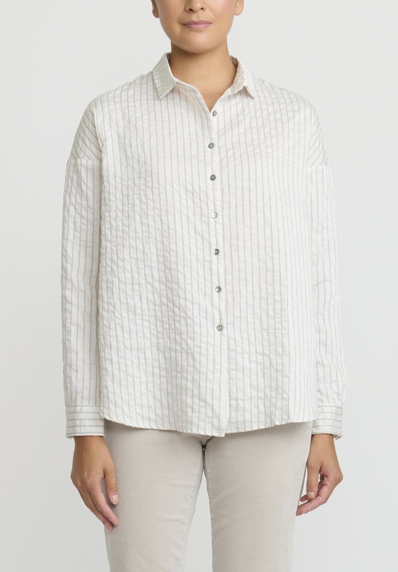 Album Di Famiglia Striped Long Sleeve Short Collar Shirt in Off White	