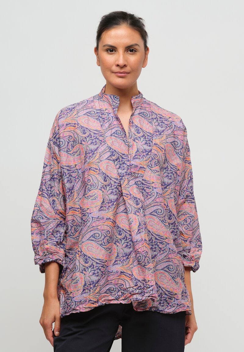 Daniela Gregis Washed Cotton Kora Top in Cachemire Blue, Orange & Violet Paisley	