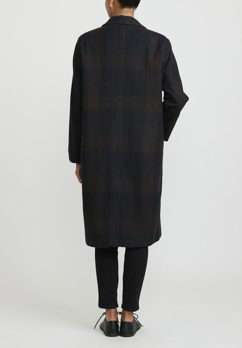 Umit Unal Hand-Stitched Double Breasted Wool Coat in Brown & Black Check	